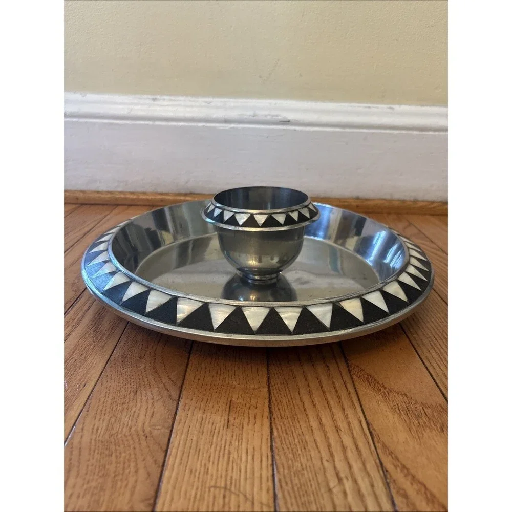 Towle Silversmith Chip Dip Serving Tray Metal Mother Of Pearl Inlay Vintage 13”